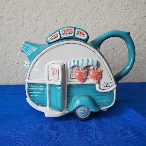 Blue Sky Teal Caravan Retro Camper Teapot - Picture 1 of 7
